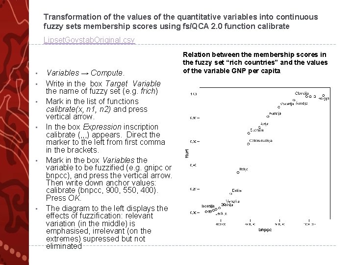 Transformation of the values of the quantitative variables into continuous fuzzy sets membership scores