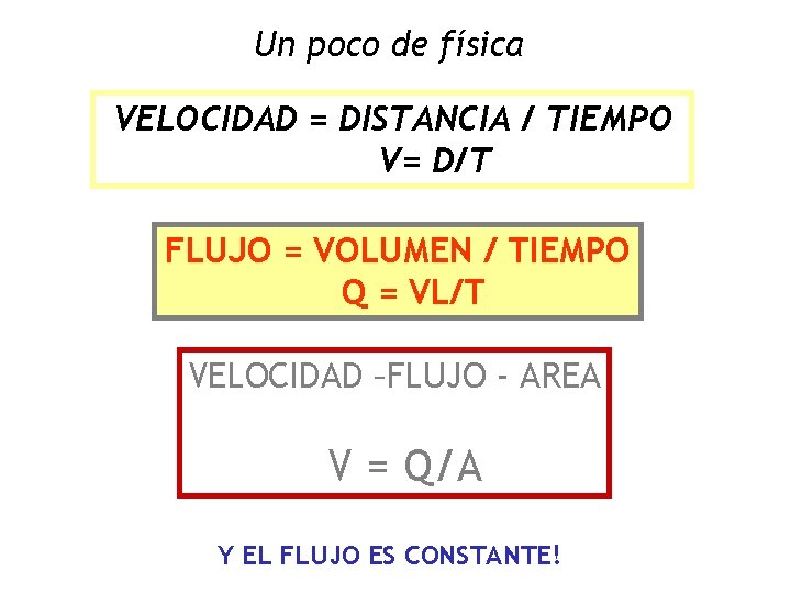 Un poco de física VELOCIDAD = DISTANCIA / TIEMPO V= D/T FLUJO = VOLUMEN