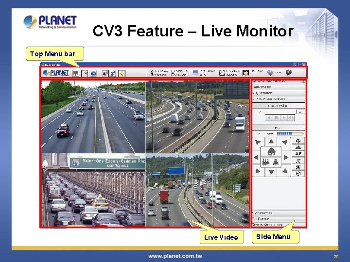 CV 3 Feature – Live Monitor Top Menu bar Live Video Side Menu 29