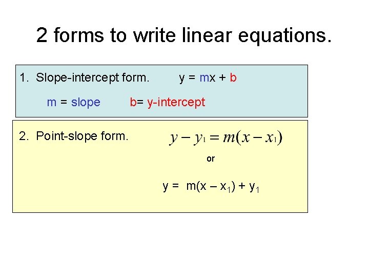 2 forms to write linear equations. 1. Slope-intercept form. m = slope y =