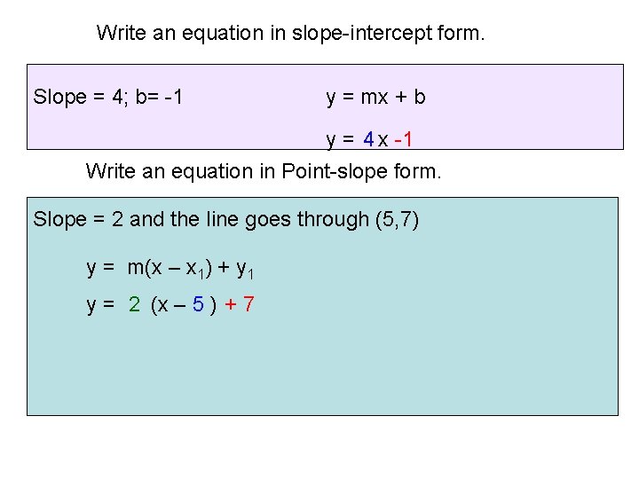 Write an equation in slope-intercept form. Slope = 4; b= -1 y = mx