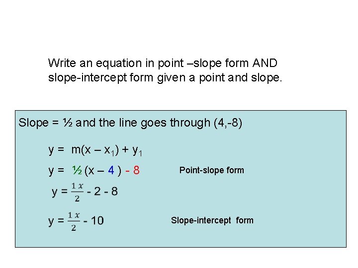 Write an equation in point –slope form AND slope-intercept form given a point and
