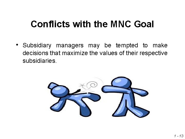 Conflicts with the MNC Goal • Subsidiary managers may be tempted to make decisions Conflicts with the MNC Goal • Subsidiary managers may be tempted to make decisions