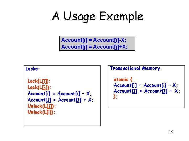 A Usage Example Account[i] = Account[i]-X; Account[j] = Account[j]+X; Locks: Lock(L[i]); Lock(L[j]); Account[i] =