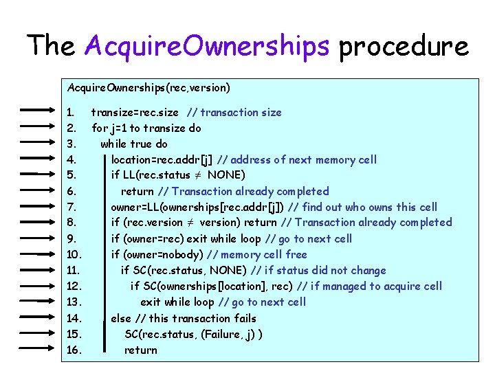 The Acquire. Ownerships procedure Acquire. Ownerships(rec, version) 1. transize=rec. size // transaction size 2.