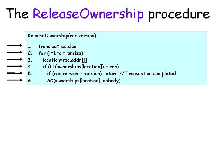 The Release. Ownership procedure Release. Ownership(rec, version) 1. 2. 3. 4. 5. 6. transize=rec.