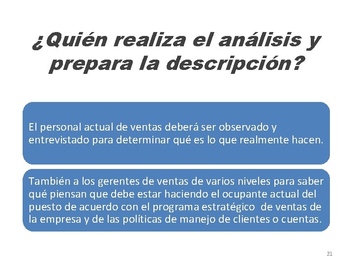 ¿Quién realiza el análisis y prepara la descripción? El personal actual de ventas deberá