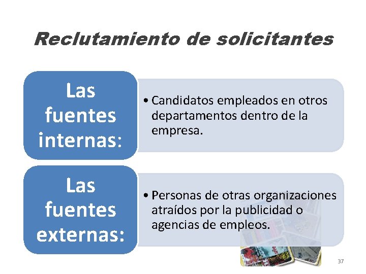 Reclutamiento de solicitantes Las fuentes internas: • Candidatos empleados en otros departamentos dentro de