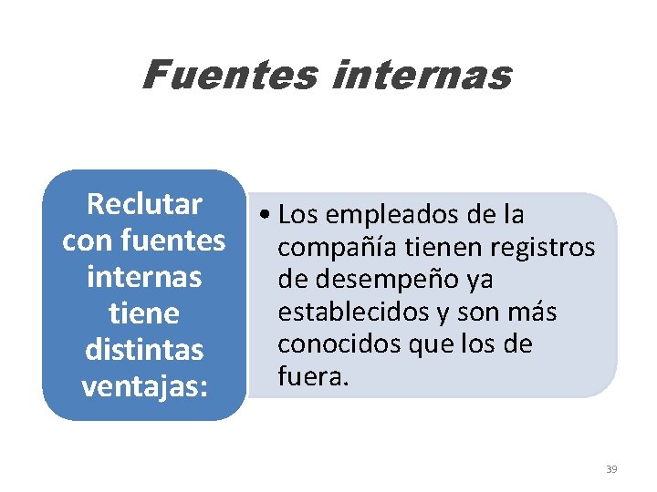 Fuentes internas Reclutar • Los empleados de la con fuentes compañía tienen registros internas