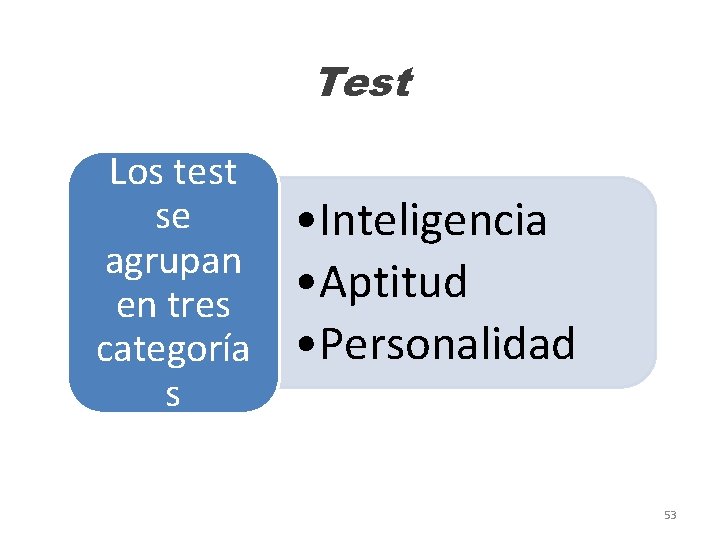 Test Los test se agrupan en tres categoría s • Inteligencia • Aptitud •