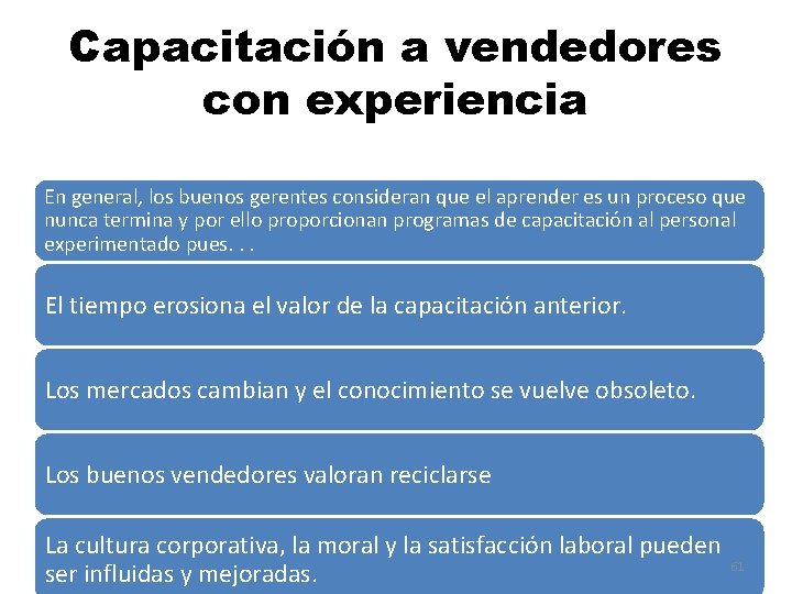 Capacitación a vendedores con experiencia En general, los buenos gerentes consideran que el aprender