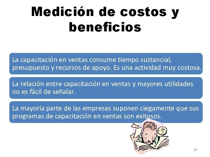 Medición de costos y beneficios La capacitación en ventas consume tiempo sustancial, presupuesto y