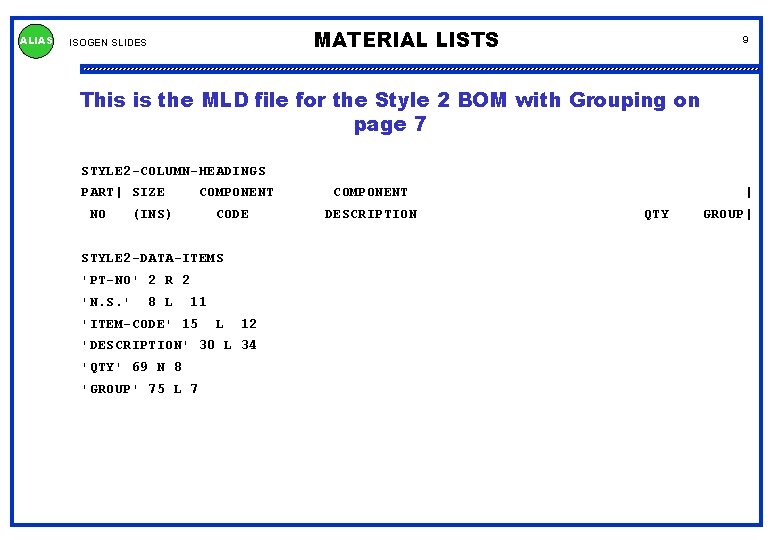 ALIAS MATERIAL LISTS ISOGEN SLIDES 9 This is the MLD file for the Style