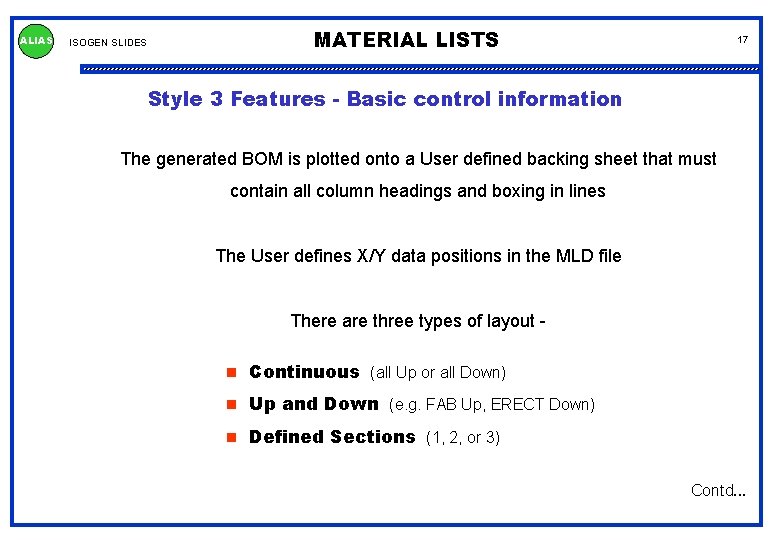 ALIAS ISOGEN SLIDES MATERIAL LISTS 17 Style 3 Features - Basic control information The