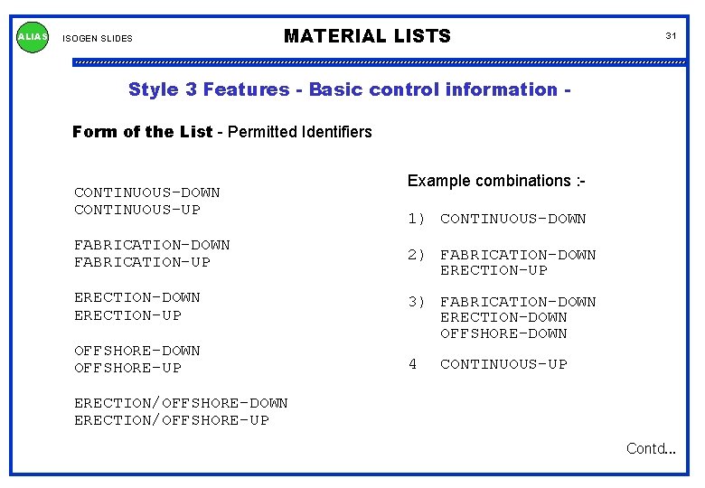 ALIAS ISOGEN SLIDES MATERIAL LISTS 31 Style 3 Features - Basic control information Form