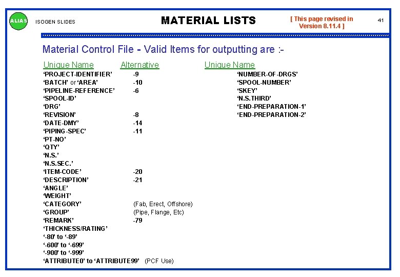 ALIAS MATERIAL LISTS ISOGEN SLIDES [ This page revised in Version 8. 11. 4