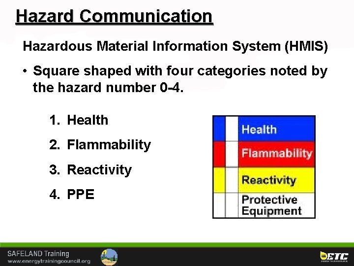 Hazard Communication Hazardous Material Information System (HMIS) • Square shaped with four categories noted