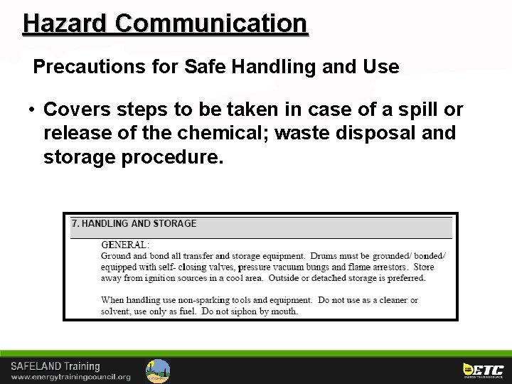 Hazard Communication Precautions for Safe Handling and Use • Covers steps to be taken