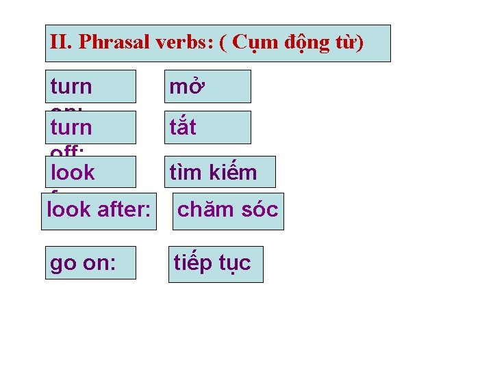 ii II. Phrasal verbs: ( Cụm động từ) turn on: turn off: look lô ii II. Phrasal verbs: ( Cụm động từ) turn on: turn off: look lô