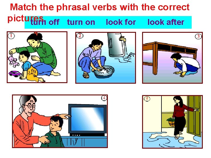 Match the phrasal verbs with the correct pictures. turn off turn on look for Match the phrasal verbs with the correct pictures. turn off turn on look for