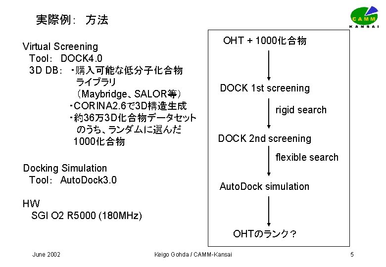 実際例：　方法 Virtual Screening　 　Tool：　DOCK 4. 0 　3 D DB：　・購入可能な低分子化合物 　ライブラリ 　（Maybridge、SALOR等） 　　　　　　　・CORINA 2. 6で