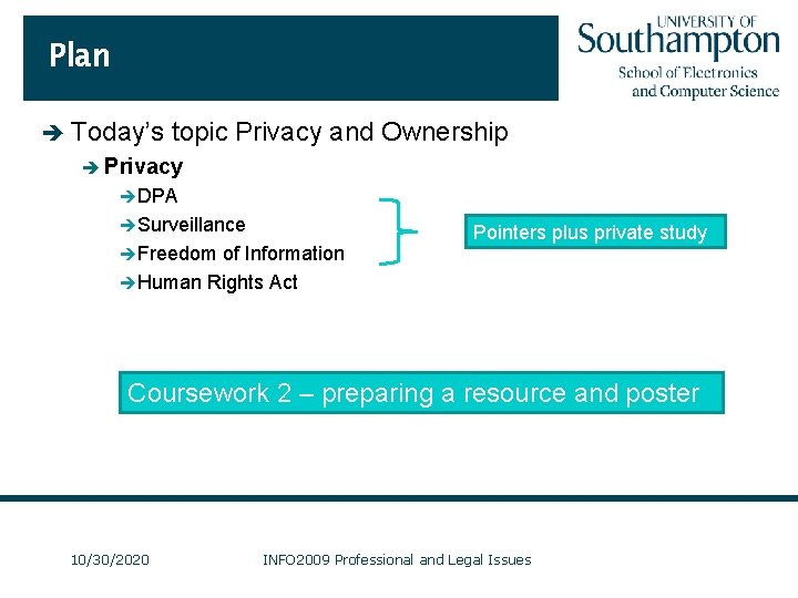 Plan è Today’s topic Privacy and Ownership è Privacy è DPA è Surveillance è