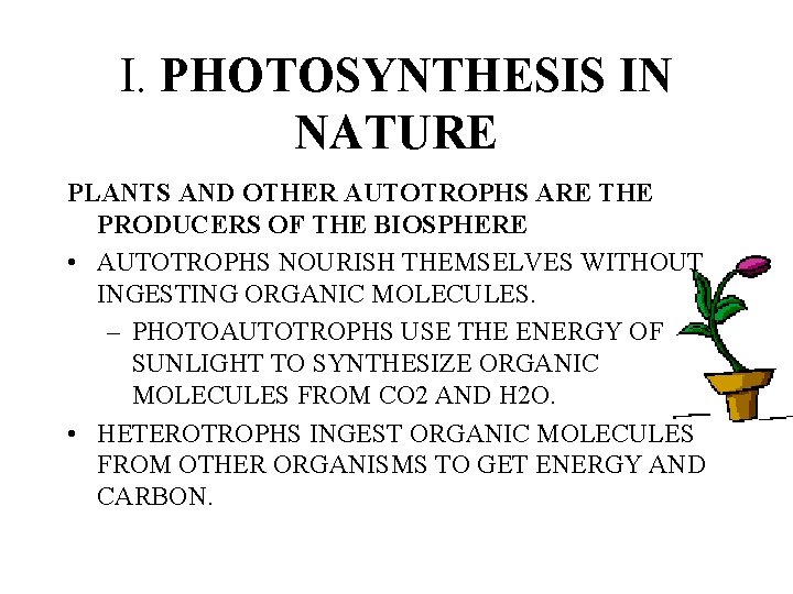 I. PHOTOSYNTHESIS IN NATURE PLANTS AND OTHER AUTOTROPHS ARE THE PRODUCERS OF THE BIOSPHERE