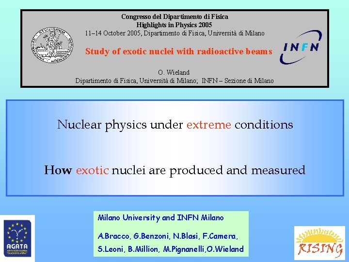 Congresso del Dipartimento di Fisica Highlights in Physics 2005 11– 14 October 2005, Dipartimento