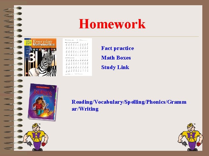 Homework Fact practice Math Boxes Study Link Reading/Vocabulary/Spelling/Phonics/Gramm ar/Writing 