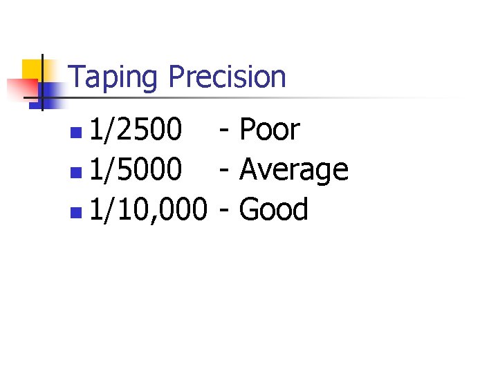 Taping Precision 1/2500 - Poor n 1/5000 - Average n 1/10, 000 - Good