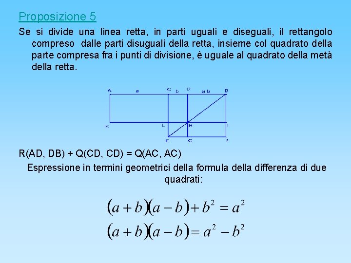 Proposizione 5 Se si divide una linea retta, in parti uguali e diseguali, il