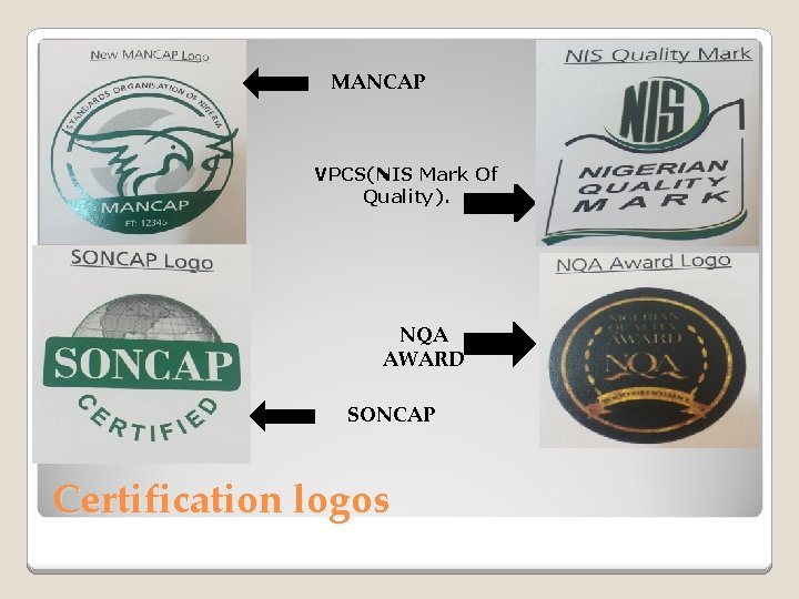 MANCAP VPCS(NIS Mark Of Quality). NQA AWARD SONCAP Certification logos 