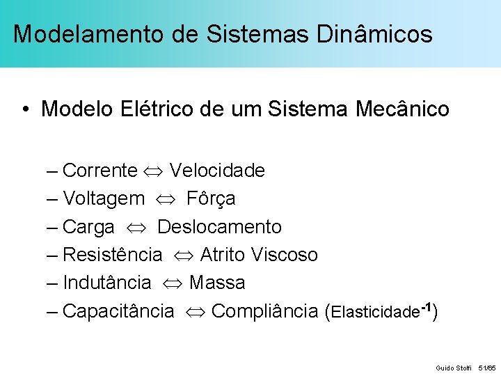 Modelamento de Sistemas Dinâmicos • Modelo Elétrico de um Sistema Mecânico – Corrente Velocidade