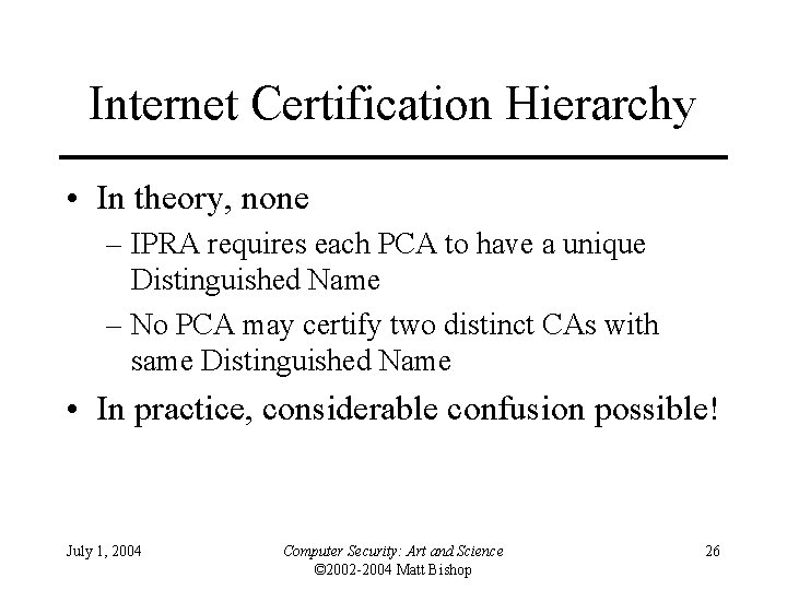 Internet Certification Hierarchy • In theory, none – IPRA requires each PCA to have