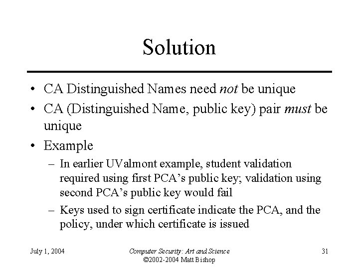 Solution • CA Distinguished Names need not be unique • CA (Distinguished Name, public