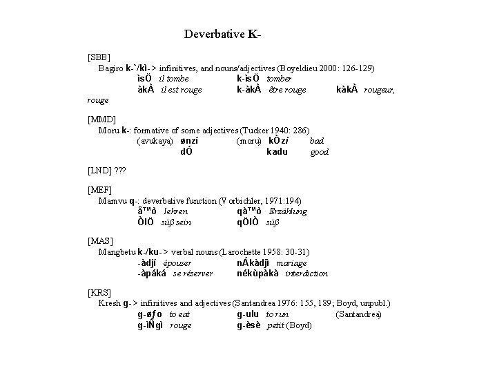  Deverbative K- [SBB] Bagiro k-`/kì- > infinitives, and nouns/adjectives (Boyeldieu 2000: 126 -129)