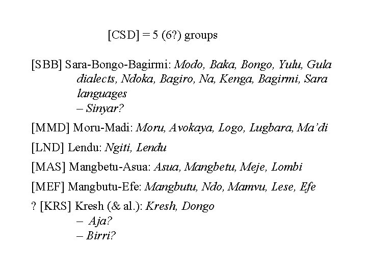  [CSD] = 5 (6? ) groups [SBB] Sara-Bongo-Bagirmi: Modo, Baka, Bongo, Yulu, Gula