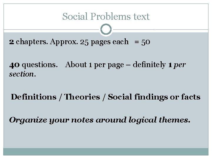 Social Problems text 2 chapters. Approx. 25 pages each = 50 40 questions. About