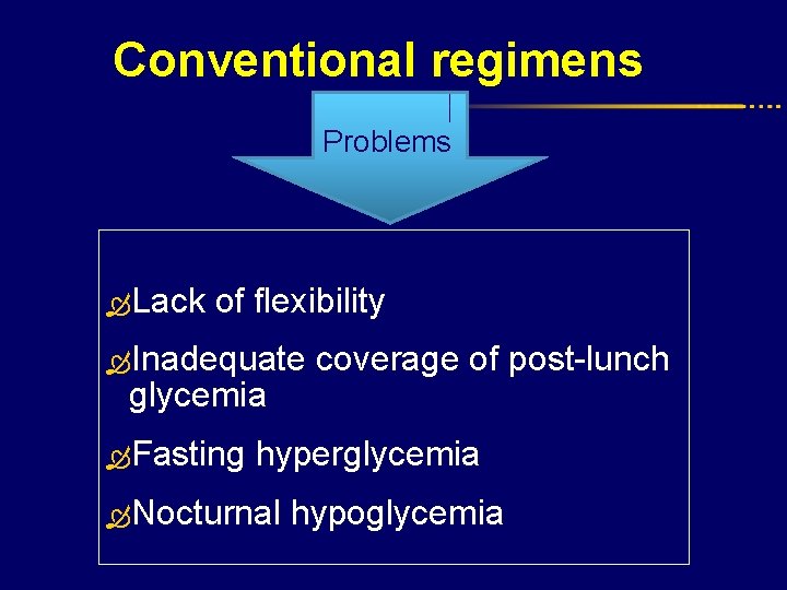 Conventional regimens Problems Lack of flexibility Inadequate coverage of post-lunch glycemia Fasting hyperglycemia Nocturnal