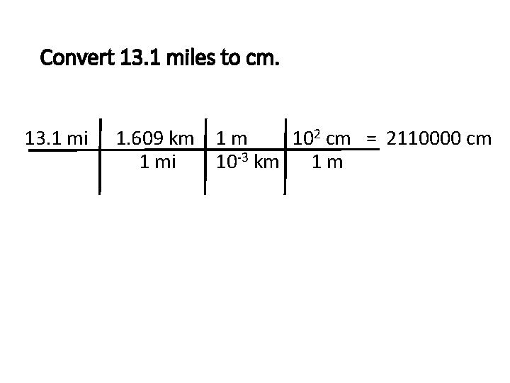 Convert 13. 1 miles to cm. 13. 1 mi 1. 609 km 1 m