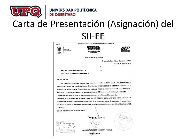 Carta de Presentación (Asignación) del SII-EE Carta de Presentación (Asignación) del SII-EE