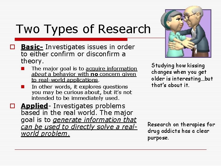 Two Types of Research o Basic- Investigates issues in order to either confirm or