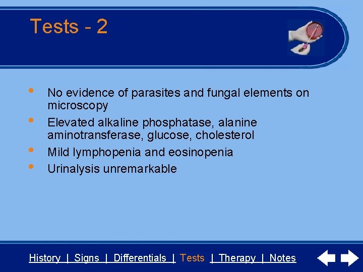 Tests - 2 • • No evidence of parasites and fungal elements on microscopy