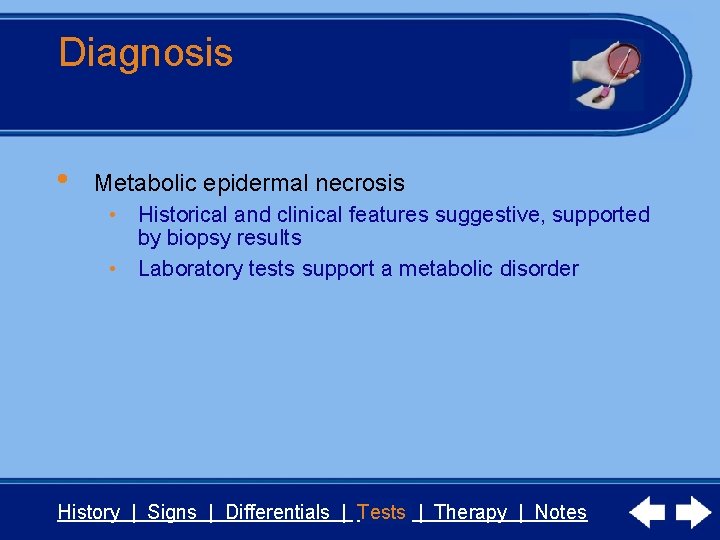 Diagnosis • Metabolic epidermal necrosis • Historical and clinical features suggestive, supported by biopsy