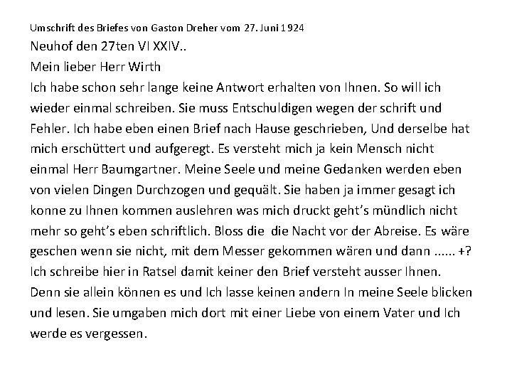 Umschrift des Briefes von Gaston Dreher vom 27. Juni 1924 Neuhof den 27 ten