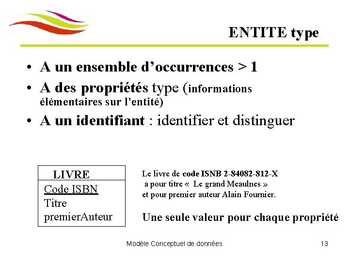 ENTITE type • A un ensemble d’occurrences > 1 • A des propriétés type ENTITE type • A un ensemble d’occurrences > 1 • A des propriétés type
