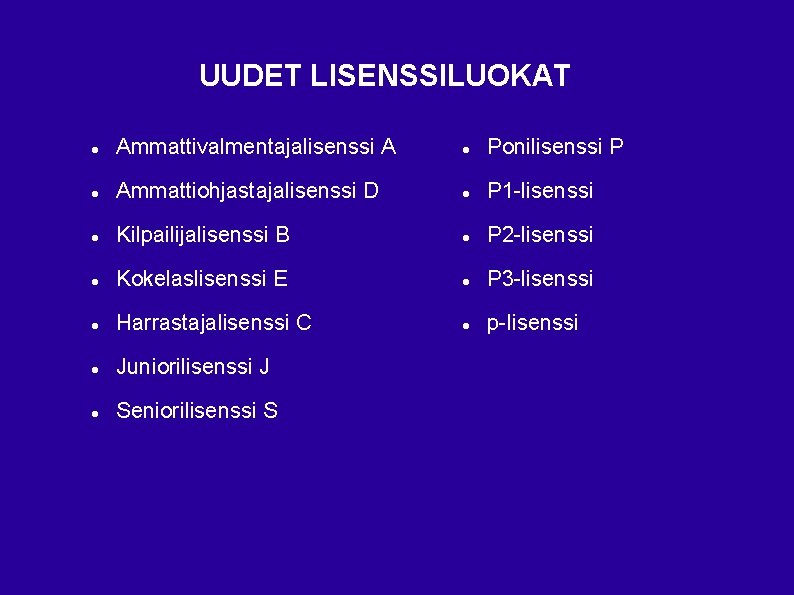 UUDET LISENSSILUOKAT Ammattivalmentajalisenssi A Ponilisenssi P Ammattiohjastajalisenssi D P 1 -lisenssi Kilpailijalisenssi B P