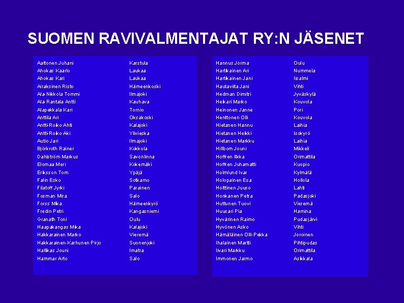 SUOMEN RAVIVALMENTAJAT RY: N JÄSENET Aaltonen Juhani Karstula Hannus Jorma Oulu Ahokas Kaarlo Laukaa