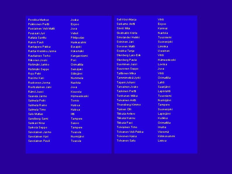 Porokka Markus Juuka Sell Kirsi-Marja Vihti Puikkonen Pertti Espoo Serkamo Antti Espoo Pursiainen Veli-Matti