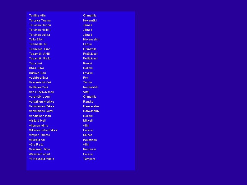 Tonttila Ville Orimattila Toroska Teemu Kokemäki Torvinen Hannu Jämsä Torvinen Heikki Jämsä Torvinen Jukka